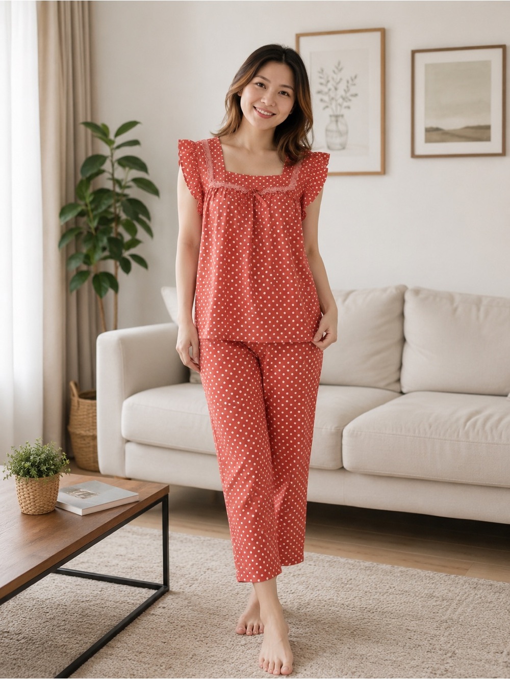 Polka Dot Sleeveless Coral Red Pajama Set - Relaxed Fit Two-Piece
